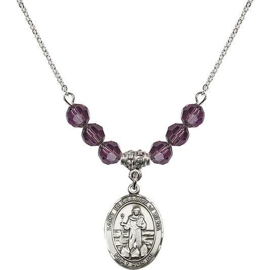 Sterling Silver Saint Bernadine of Sienna Birthstone Necklace with Amethyst Beads - 8387