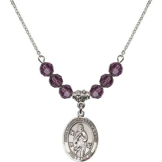 Sterling Silver Our Lady of Assumption Birthstone Necklace with Amethyst Beads - 8388