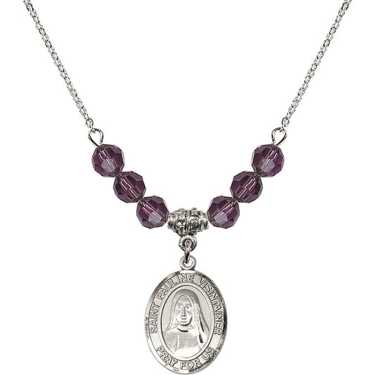 Sterling Silver Saint Pauline Visintainer Birthstone Necklace with Amethyst Beads - 8391