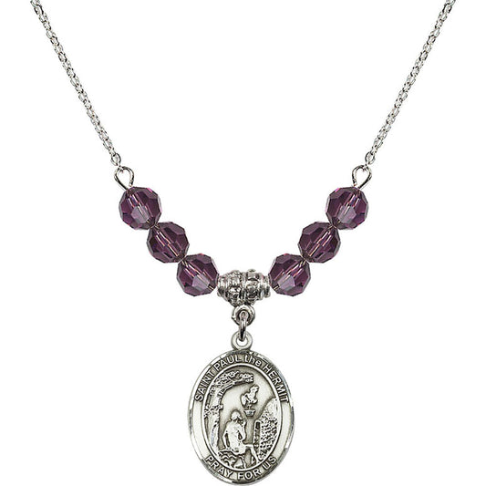 Sterling Silver Saint Paul the Hermit Birthstone Necklace with Amethyst Beads - 8394