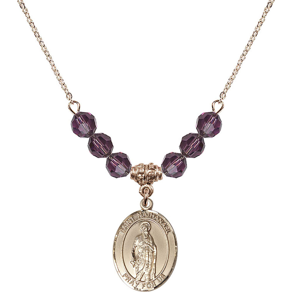 14kt Gold Filled Saint Nathanael Birthstone Necklace with Amethyst Beads - 8398