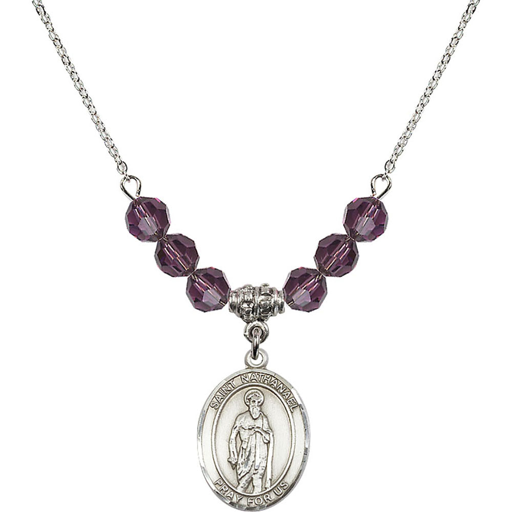 Sterling Silver Saint Nathanael Birthstone Necklace with Amethyst Beads - 8398