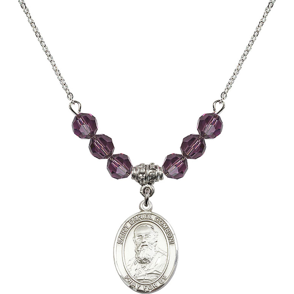 Sterling Silver Saint Daniel Comboni Birthstone Necklace with Amethyst Beads - 8400