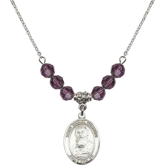 Sterling Silver Saint Daniel Comboni Birthstone Necklace with Amethyst Beads - 8400