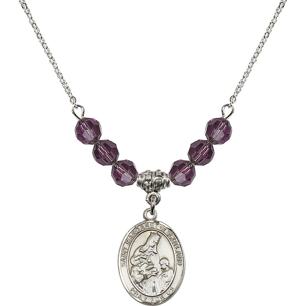 Sterling Silver Saint Margaret of Scotland Birthstone Necklace with Amethyst Beads - 8407