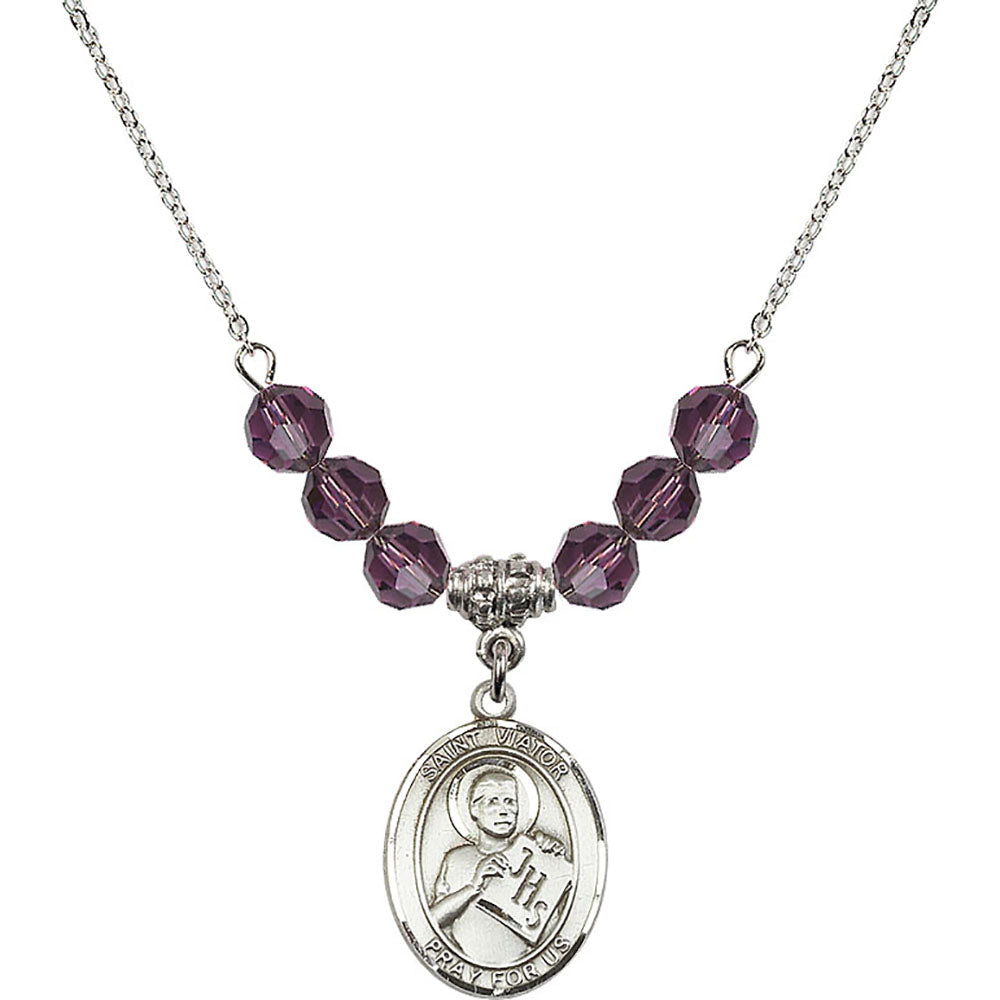 Sterling Silver Saint Viator of Bergamo Birthstone Necklace with Amethyst Beads - 8408