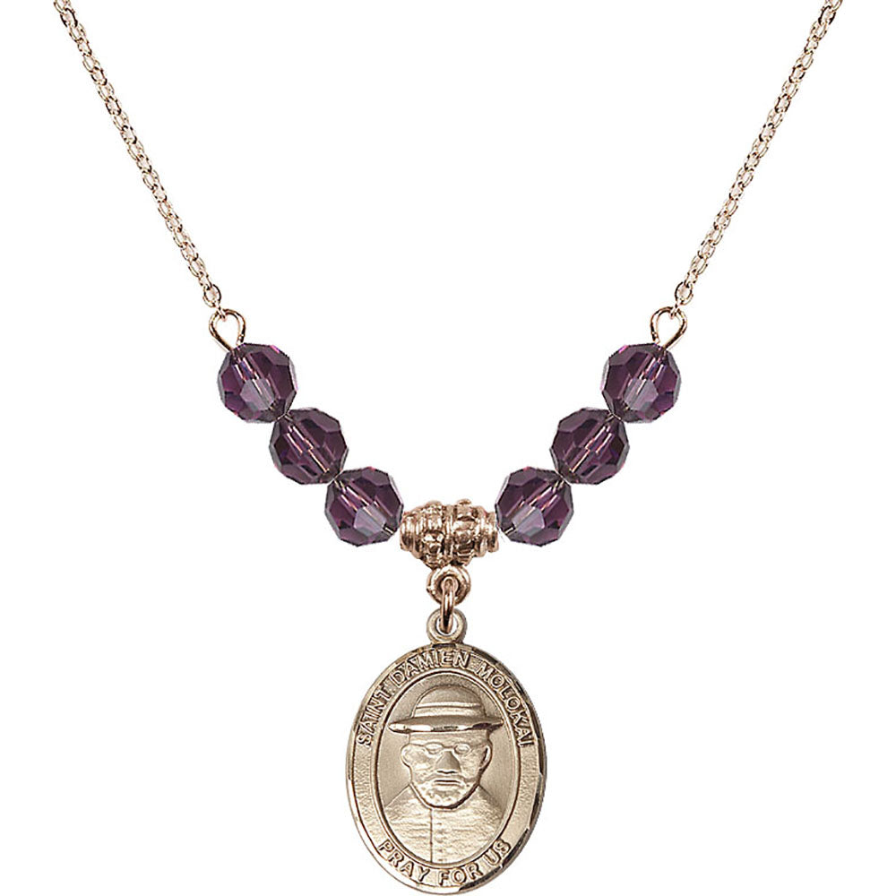 14kt Gold Filled Saint Damien of Molokai Birthstone Necklace with Amethyst Beads - 8412