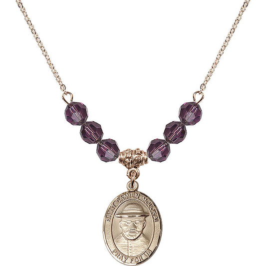 14kt Gold Filled Saint Damien of Molokai Birthstone Necklace with Amethyst Beads - 8412