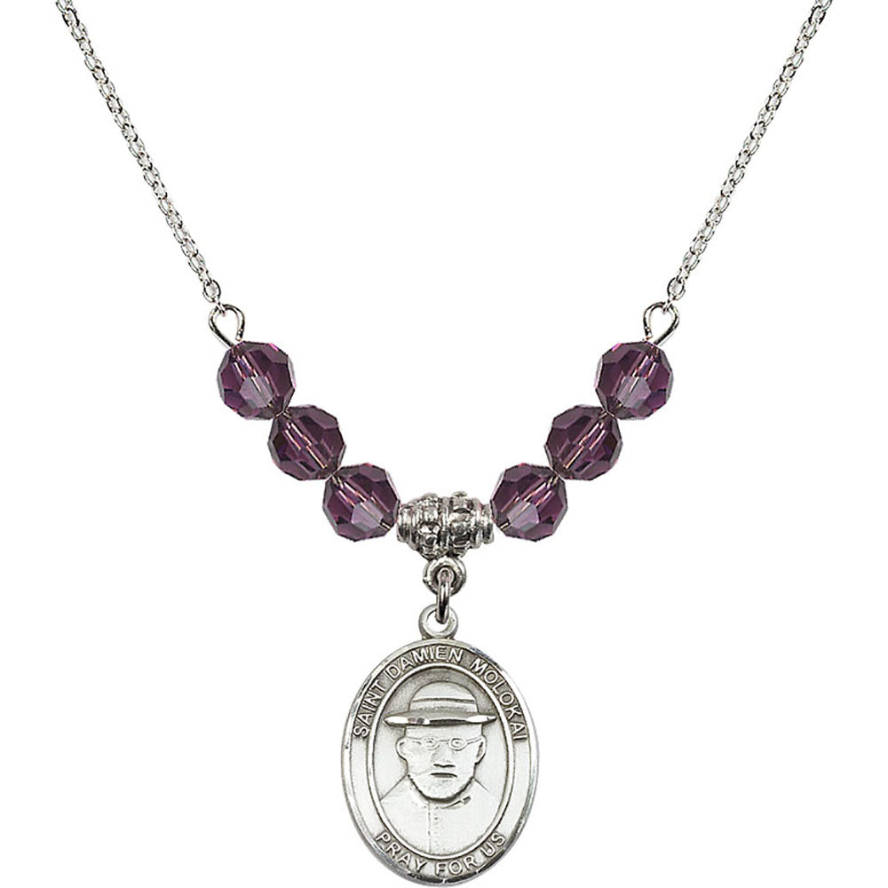 Sterling Silver Saint Damien of Molokai Birthstone Necklace with Amethyst Beads - 8412