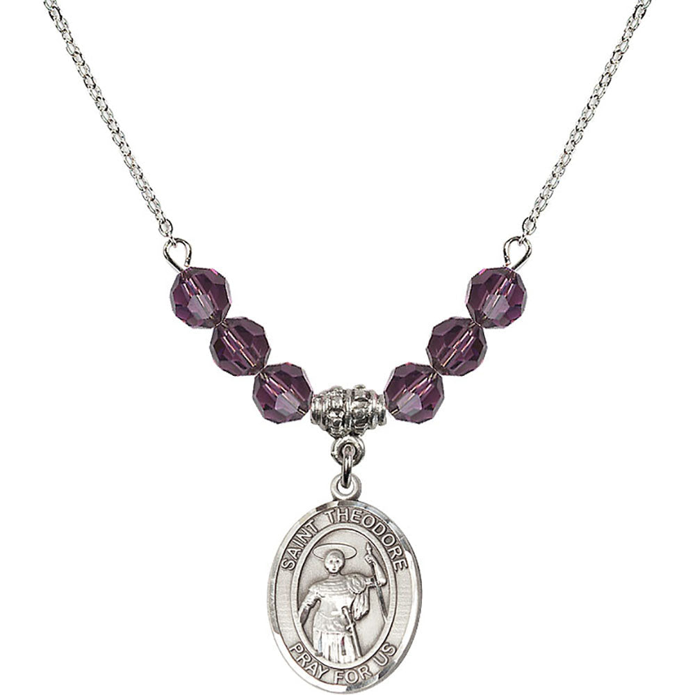 Sterling Silver Saint Theodore Stratelates Birthstone Necklace with Amethyst Beads - 8415