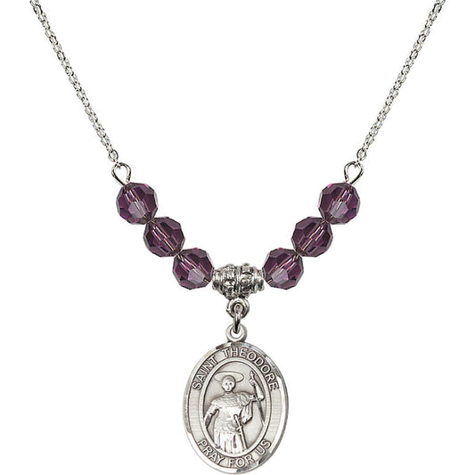 Sterling Silver Saint Theodore Stratelates Birthstone Necklace with Amethyst Beads - 8415