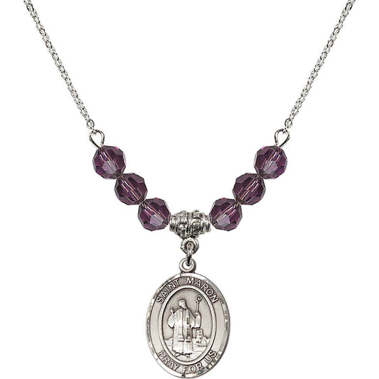 Sterling Silver Saint Maron Birthstone Necklace with Amethyst Beads - 8417