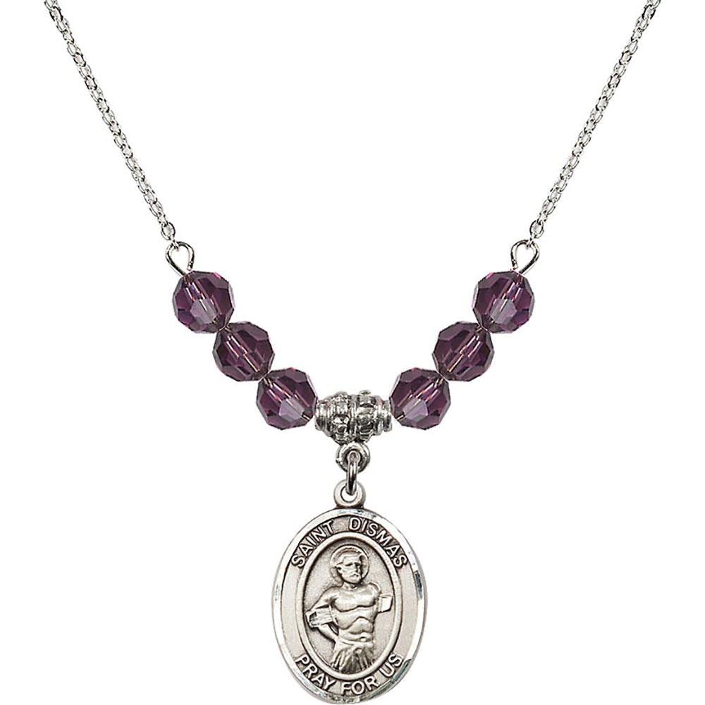 Sterling Silver Saint Dismas Birthstone Necklace with Amethyst Beads - 8418