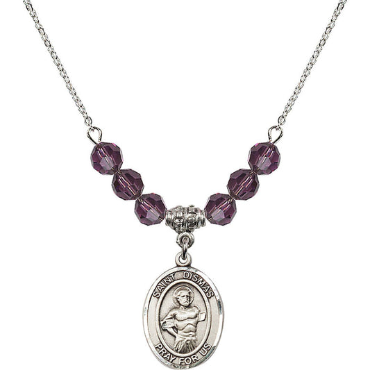 Sterling Silver Saint Dismas Birthstone Necklace with Amethyst Beads - 8418