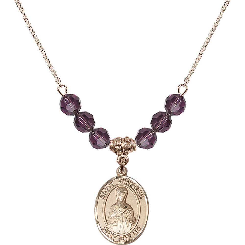 14kt Gold Filled Saint Winifred of Wales Birthstone Necklace with Amethyst Beads - 8419