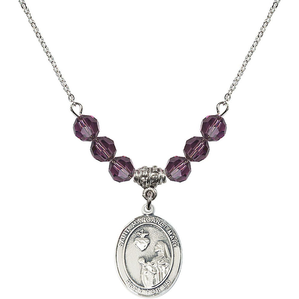 Sterling Silver Saint Margaret Mary Alacoque Birthstone Necklace with Amethyst Beads - 8420