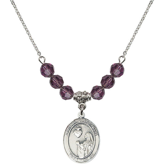 Sterling Silver Saint Margaret Mary Alacoque Birthstone Necklace with Amethyst Beads - 8420