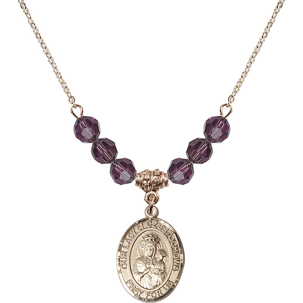14kt Gold Filled Our Lady of Czestochowa Birthstone Necklace with Amethyst Beads - 8421