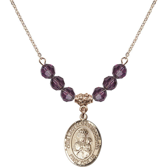 14kt Gold Filled Our Lady of Czestochowa Birthstone Necklace with Amethyst Beads - 8421