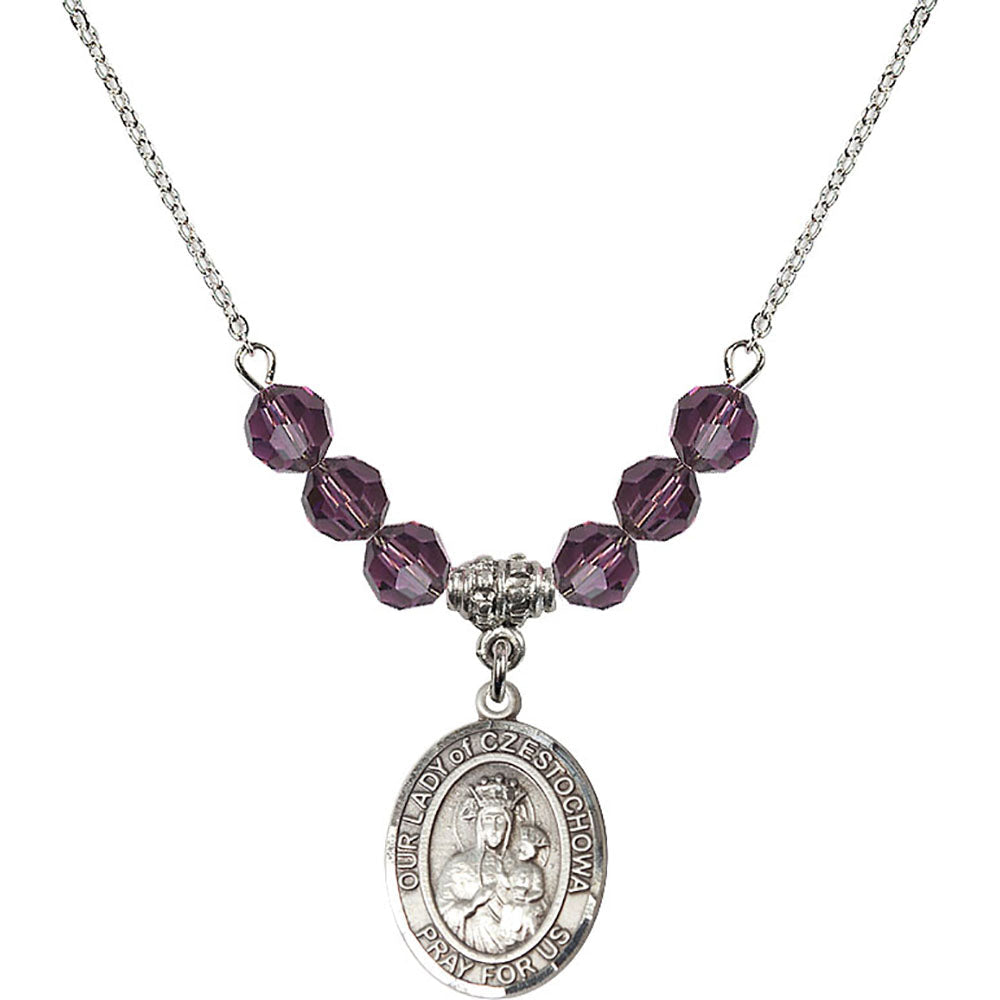 Sterling Silver Our Lady of Czestochowa Birthstone Necklace with Amethyst Beads - 8421