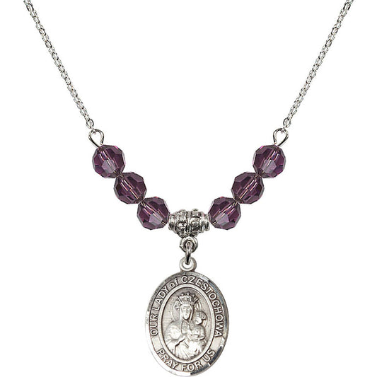 Sterling Silver Our Lady of Czestochowa Birthstone Necklace with Amethyst Beads - 8421