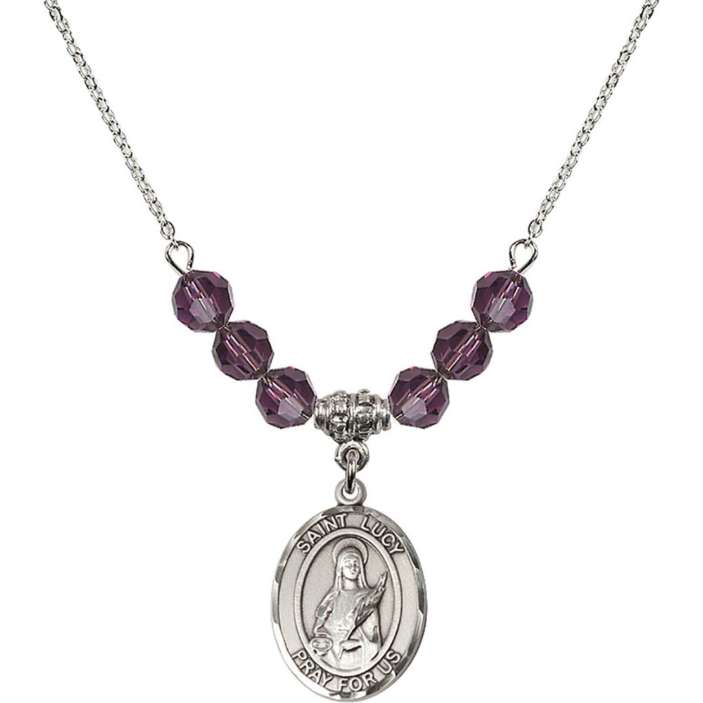 Sterling Silver Saint Lucy Birthstone Necklace with Amethyst Beads - 8422