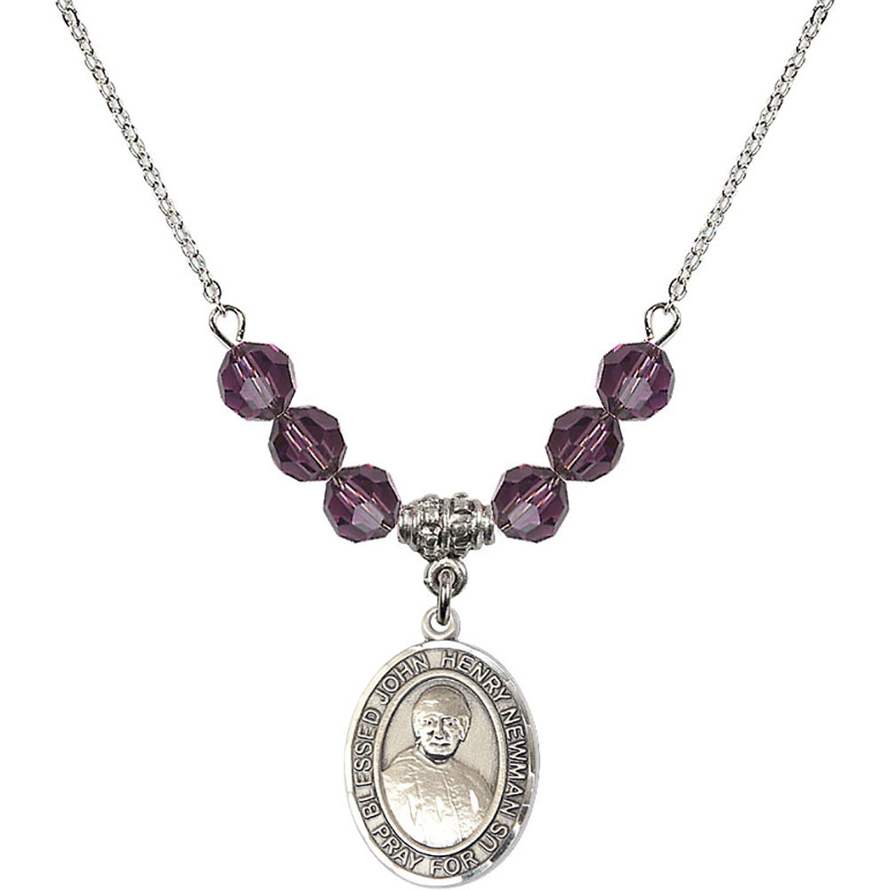 Sterling Silver Blessed John Henry Newman Birthstone Necklace with Amethyst Beads - 8423