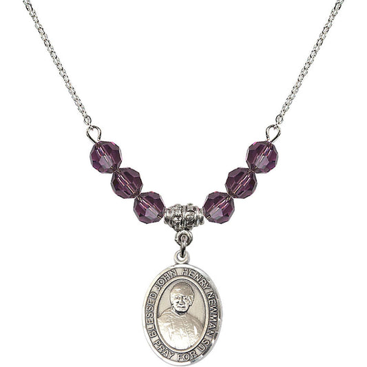 Sterling Silver Blessed John Henry Newman Birthstone Necklace with Amethyst Beads - 8423