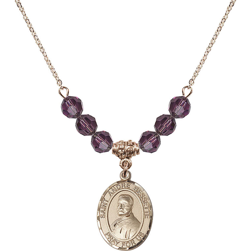 14kt Gold Filled Saint Andre Bessette Birthstone Necklace with Amethyst Beads - 8424