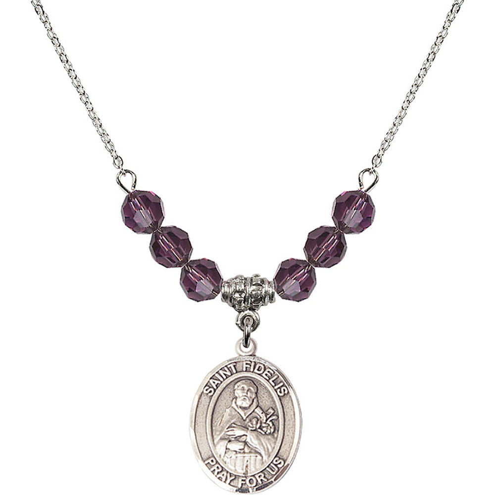 Sterling Silver Saint Fidelis Birthstone Necklace with Amethyst Beads - 8426