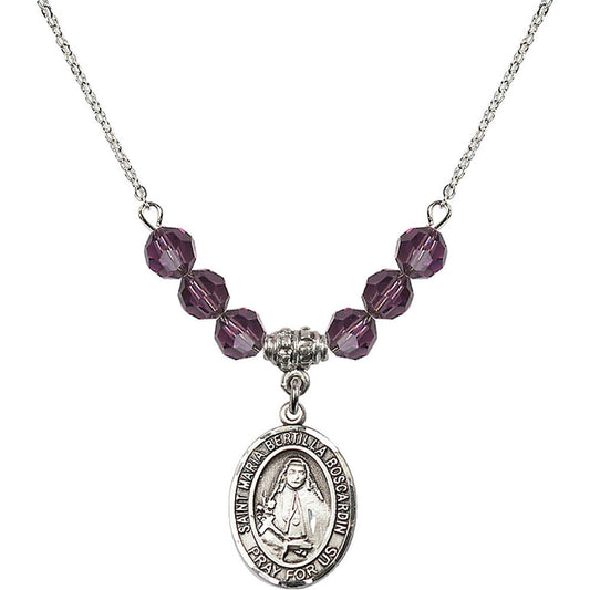 Sterling Silver Saint Maria Bertilla Boscardin Birthstone Necklace with Amethyst Beads - 8428