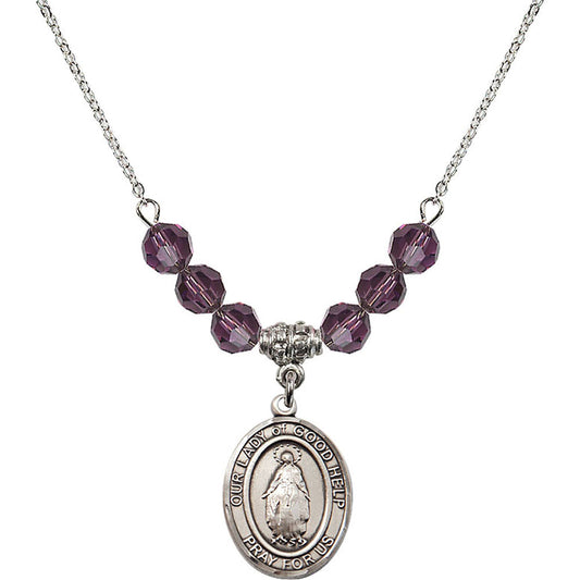Sterling Silver Our Lady Of Good Help Birthstone Necklace with Amethyst Beads - 8431