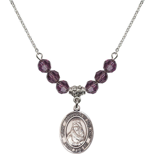 Sterling Silver Saint Jadwiga of Poland Birthstone Necklace with Amethyst Beads - 8434