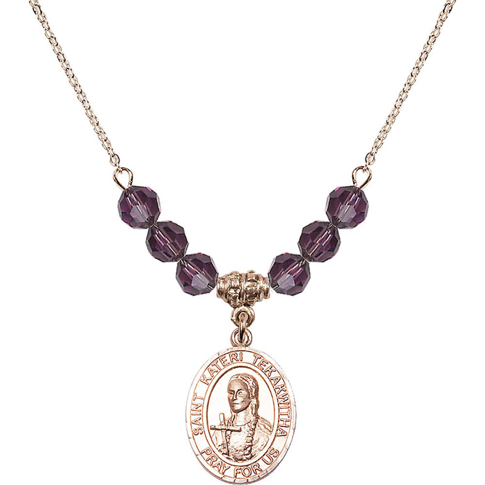 14kt Gold Filled Saint Kateri Tekakwitha Birthstone Necklace with Amethyst Beads - 8438