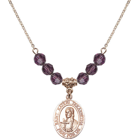 14kt Gold Filled Saint Kateri Tekakwitha Birthstone Necklace with Amethyst Beads - 8438