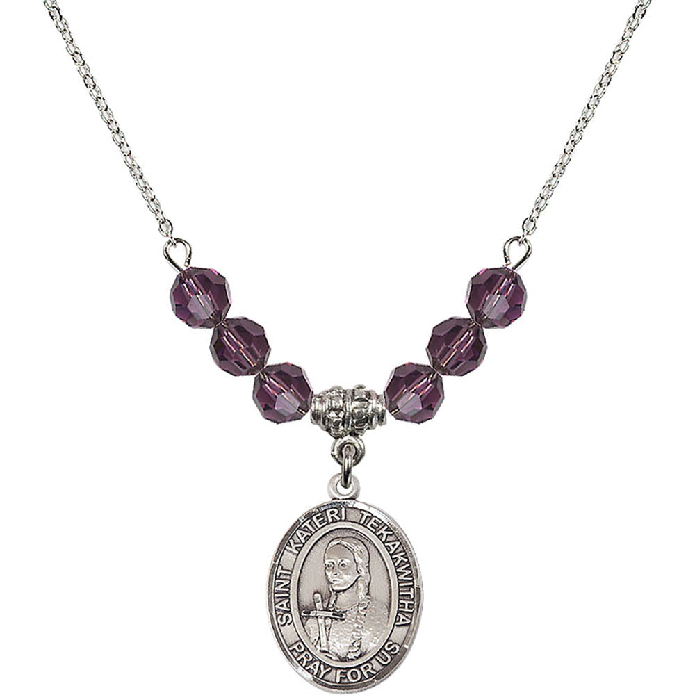 Sterling Silver Saint Kateri Tekakwitha Birthstone Necklace with Amethyst Beads - 8438