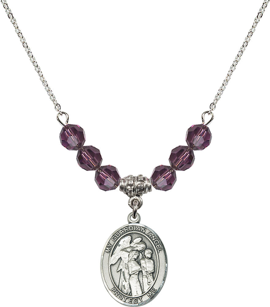 Sterling Silver Guardian Angel w/Children Birthstone Necklace with Amethyst Beads - 8439