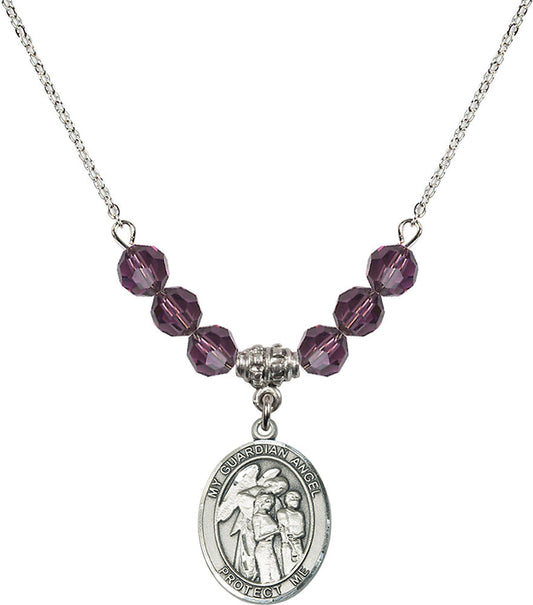 Sterling Silver Guardian Angel w/Children Birthstone Necklace with Amethyst Beads - 8439