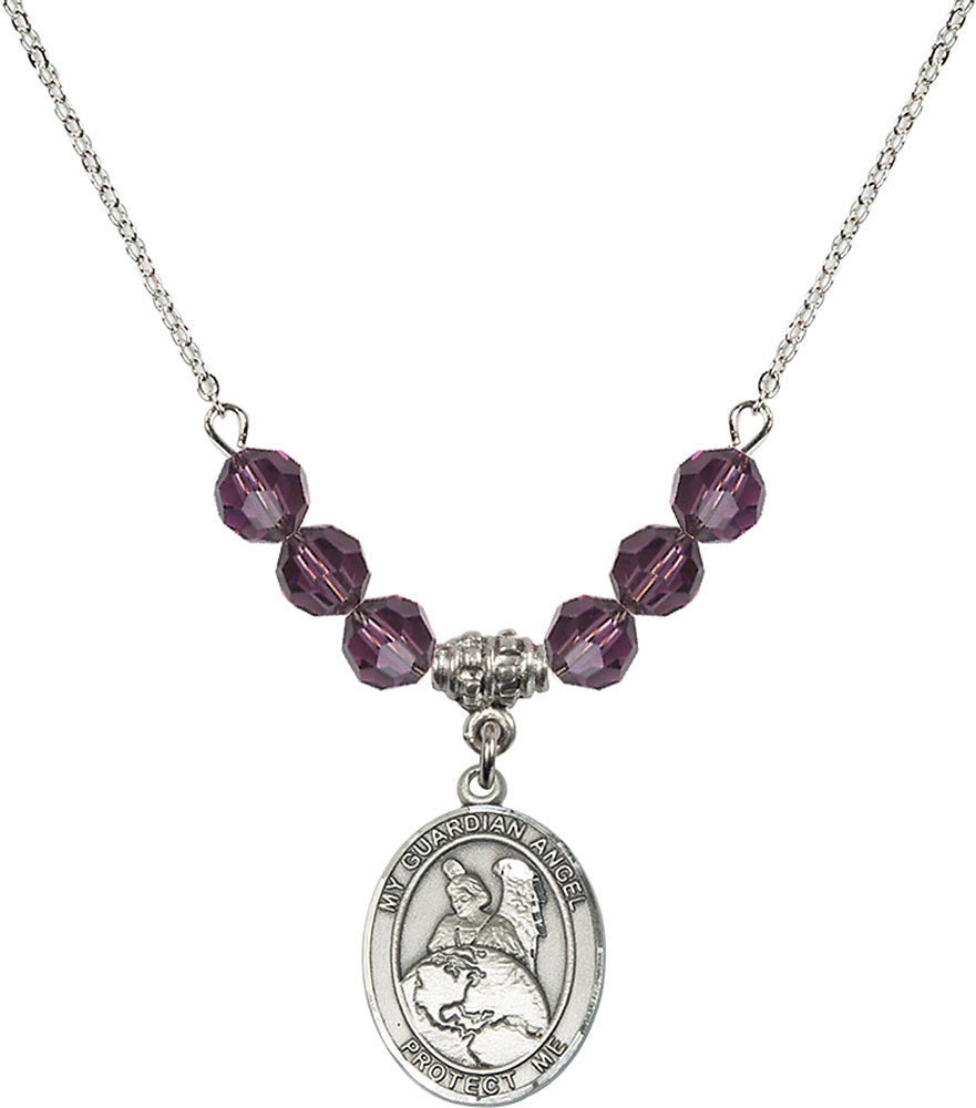 Sterling Silver Guardian Angel Protector Birthstone Necklace with Amethyst Beads - 8440