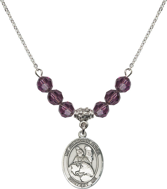 Sterling Silver Guardian Angel Protector Birthstone Necklace with Amethyst Beads - 8440
