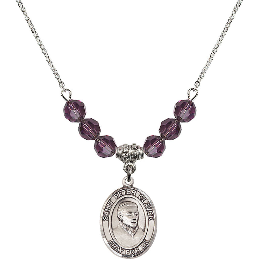 Sterling Silver Saint Peter Claver Birthstone Necklace with Amethyst Beads - 8442