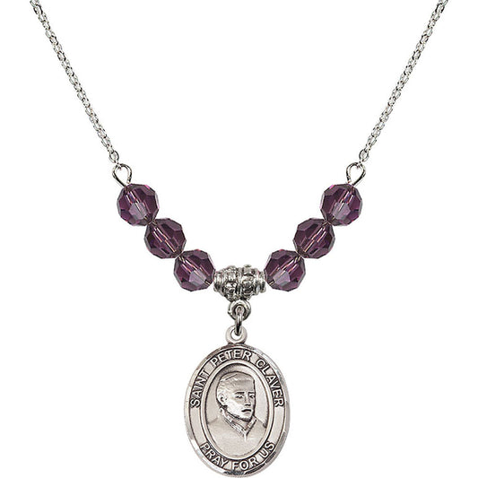 Sterling Silver Saint Peter Claver Birthstone Necklace with Amethyst Beads - 8442