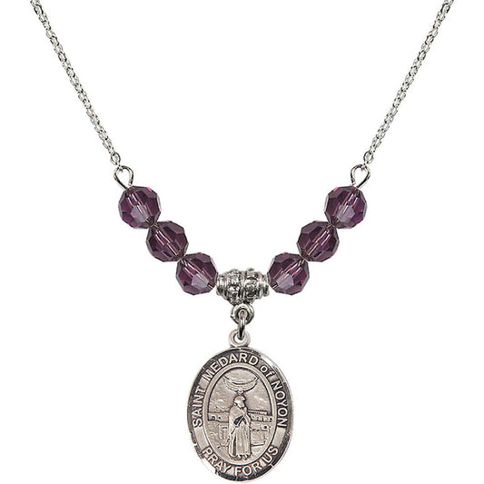 Sterling Silver Saint Medard of Noyon Birthstone Necklace with Amethyst Beads - 8444