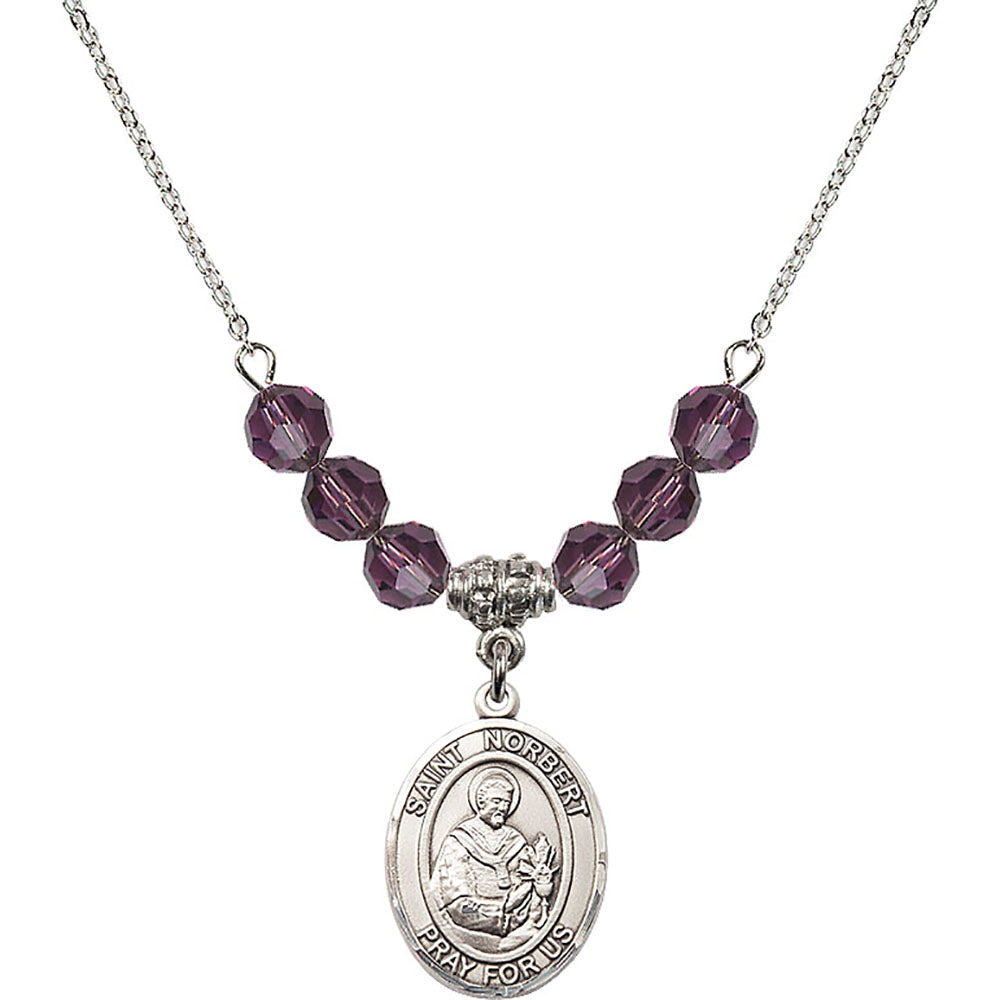 Sterling Silver Saint Norbert of Xanten Birthstone Necklace with Amethyst Beads - 8447
