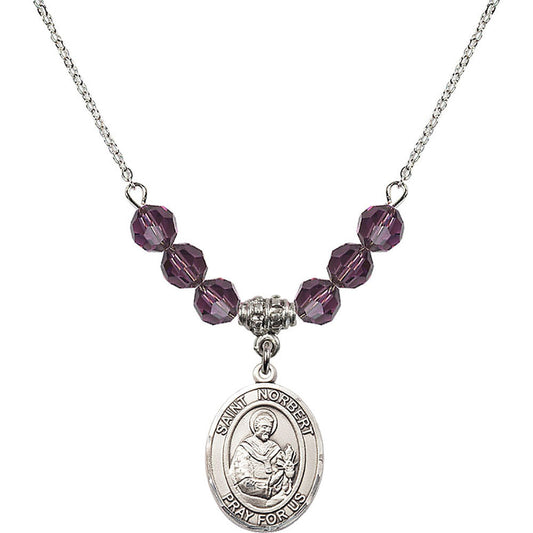 Sterling Silver Saint Norbert of Xanten Birthstone Necklace with Amethyst Beads - 8447
