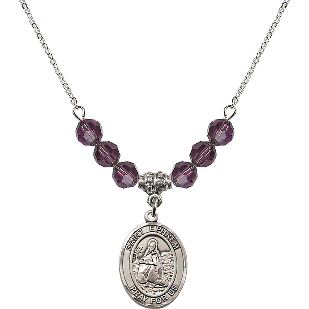 Sterling Silver Saint Ephrem Birthstone Necklace with Amethyst Beads - 8449