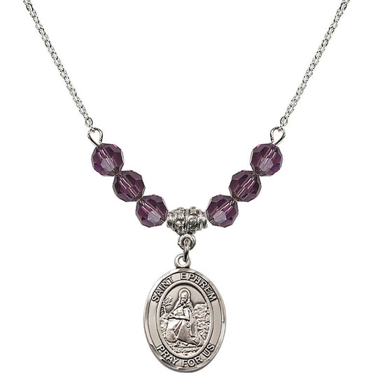 Sterling Silver Saint Ephrem Birthstone Necklace with Amethyst Beads - 8449