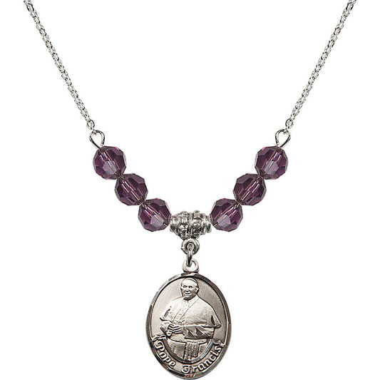Sterling Silver Pope Francis Birthstone Necklace with Amethyst Beads - 8451