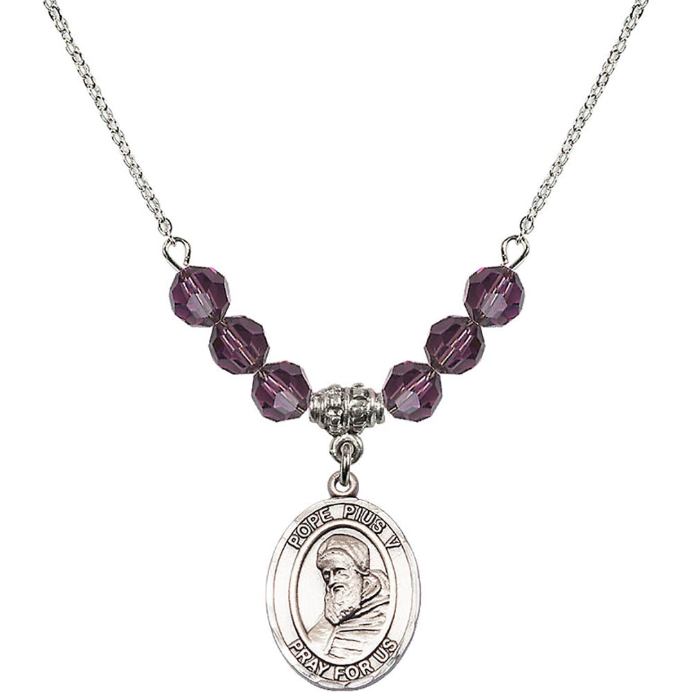 Sterling Silver Saint Pius V Birthstone Necklace with Amethyst Beads - 8452