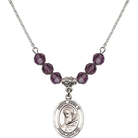 Sterling Silver Saint Pius V Birthstone Necklace with Amethyst Beads - 8452